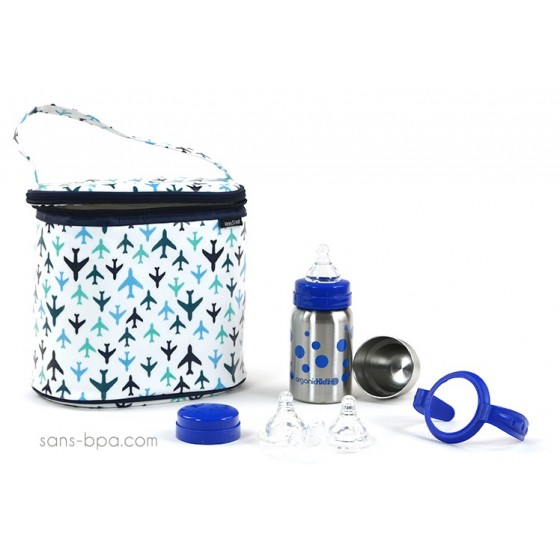 Pack Sac isotherme Cooler Bag Avion + Kit biberon évolutif GL Pois Bleu Organic Kidz