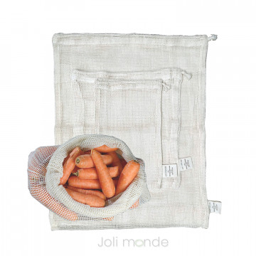 Ensemble 3 sacs à vrac - Fruits & légumes . 15 x 25cm (20g) . 25 x 30cm (35g) . 35 x 47cm (60g) - JOLI MONDE