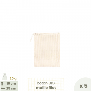 Lot de 5 Sacs à vrac Fruits & légumes . maille filet . SMALL 15 x 25 cm - Fruits & Légumes . Poids 20 g - Joli Monde